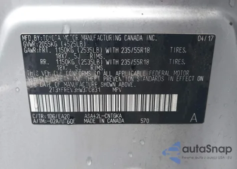 2017 Toyota Rav4 Limited z USA, uszkodzony, nr VIN 2T3YFREV3HW370831